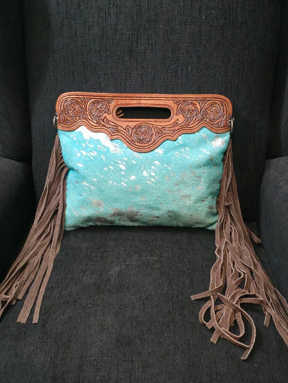 American Darling Turquoise & Silver Tooled Leather Fringed Clutch Crossbody Bag